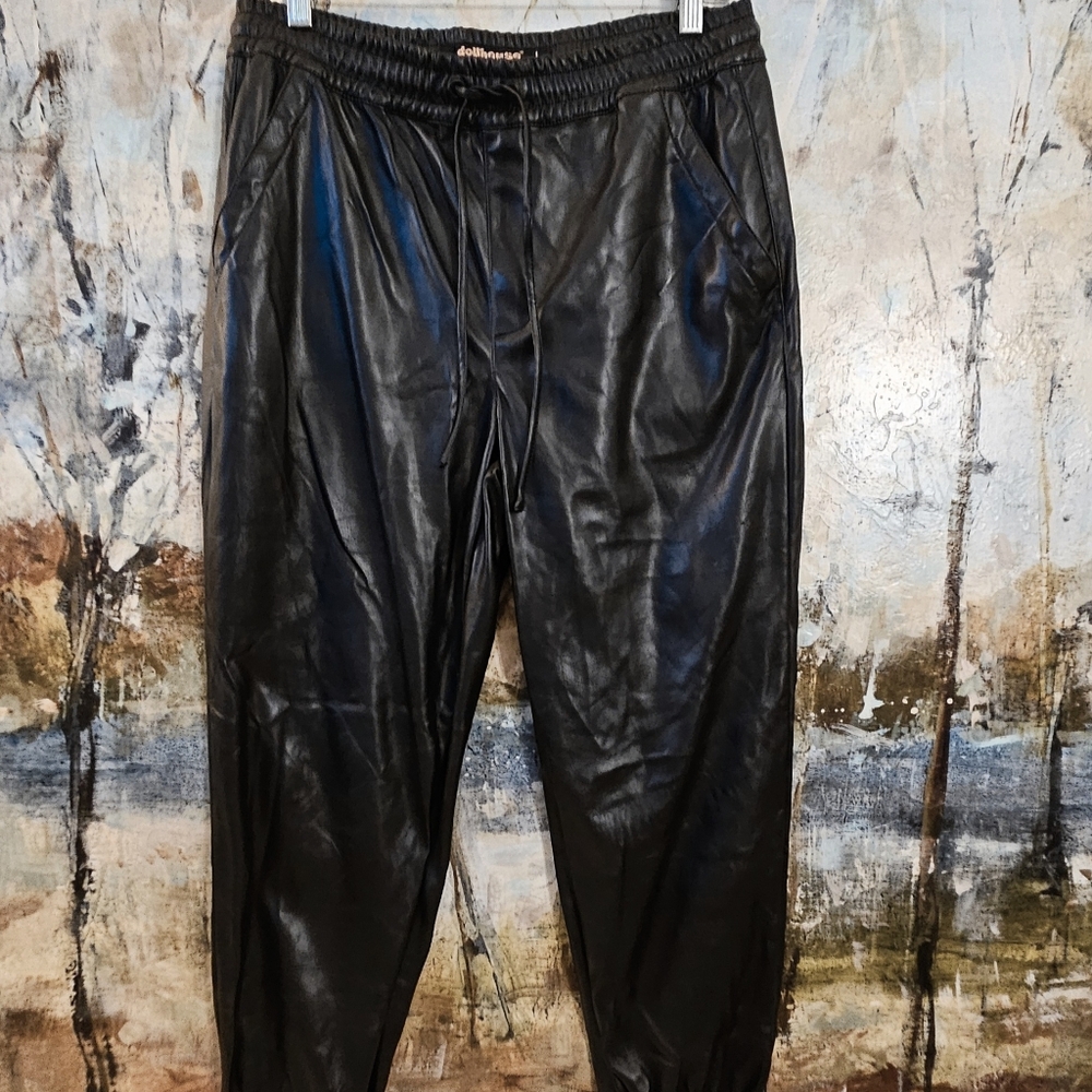 Dollhouse Black Faux Vegan Leather Elastic Drawstring  Pull-on Jogger Pants Sz L